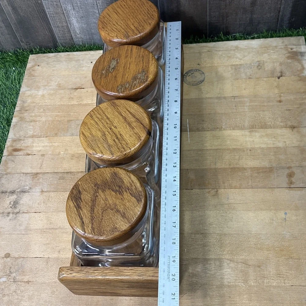 Vintage 1970s Anchor Hocking Glass Canister Set 4 Wood Lids Rack Kitchen